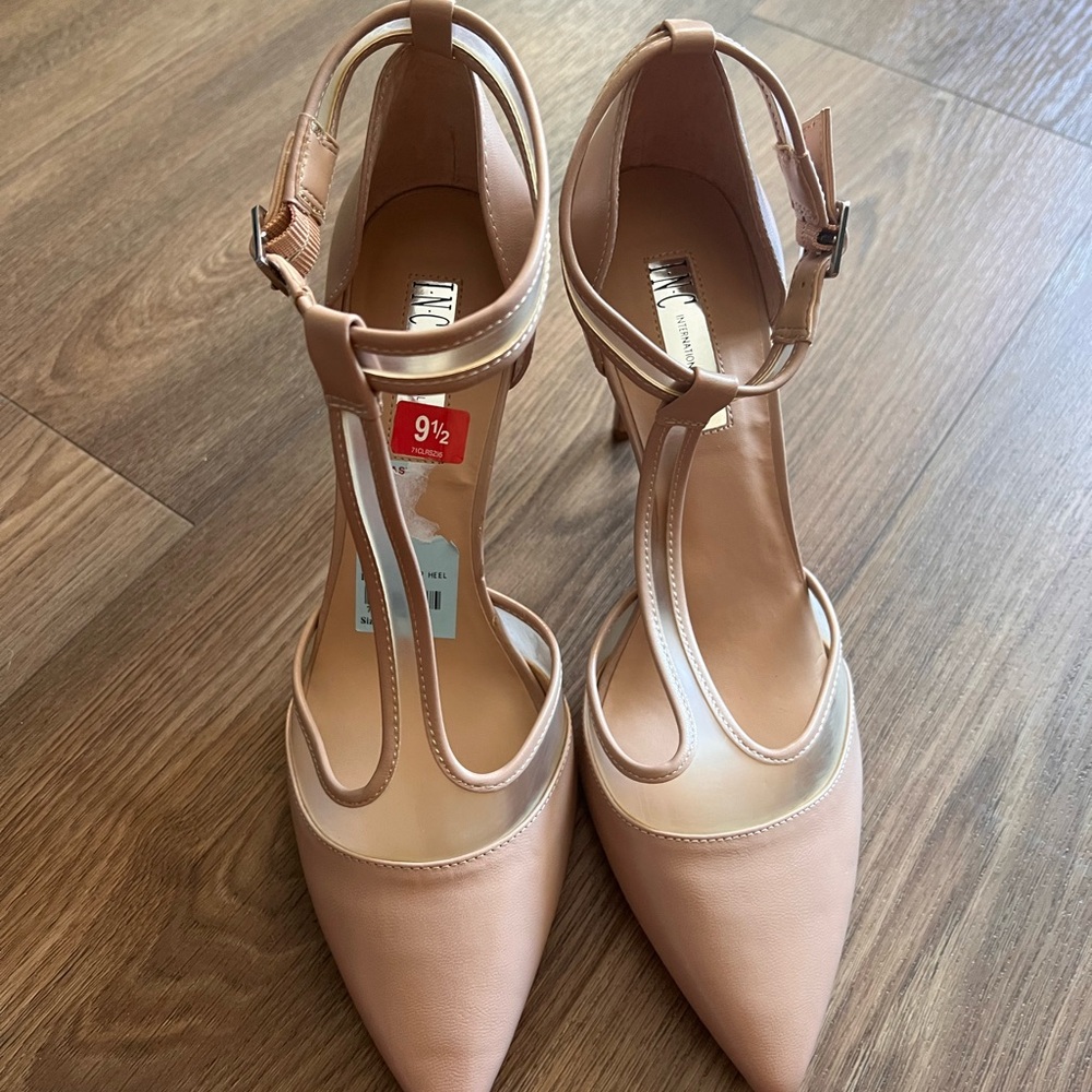 INC International Concepts Blush Tan T-Strap Pointed Toe Heels-4 inches high